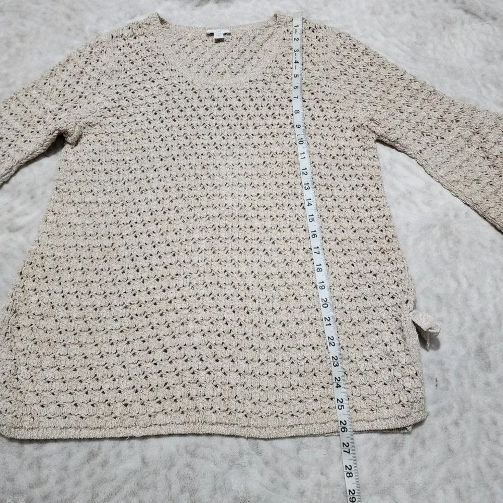 J Jill Top Women's Sz M Open Knit Crochet Tunic Boho 3/4 Bell Sleeve Granola